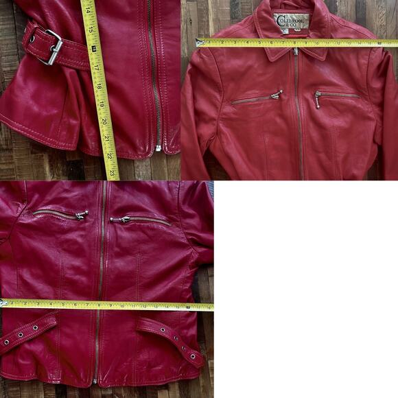 Vintage Cherry Red Leather Moto Jacket - Colebrook & Co - Size Small (Early 90s) - Picture 8 of 11
